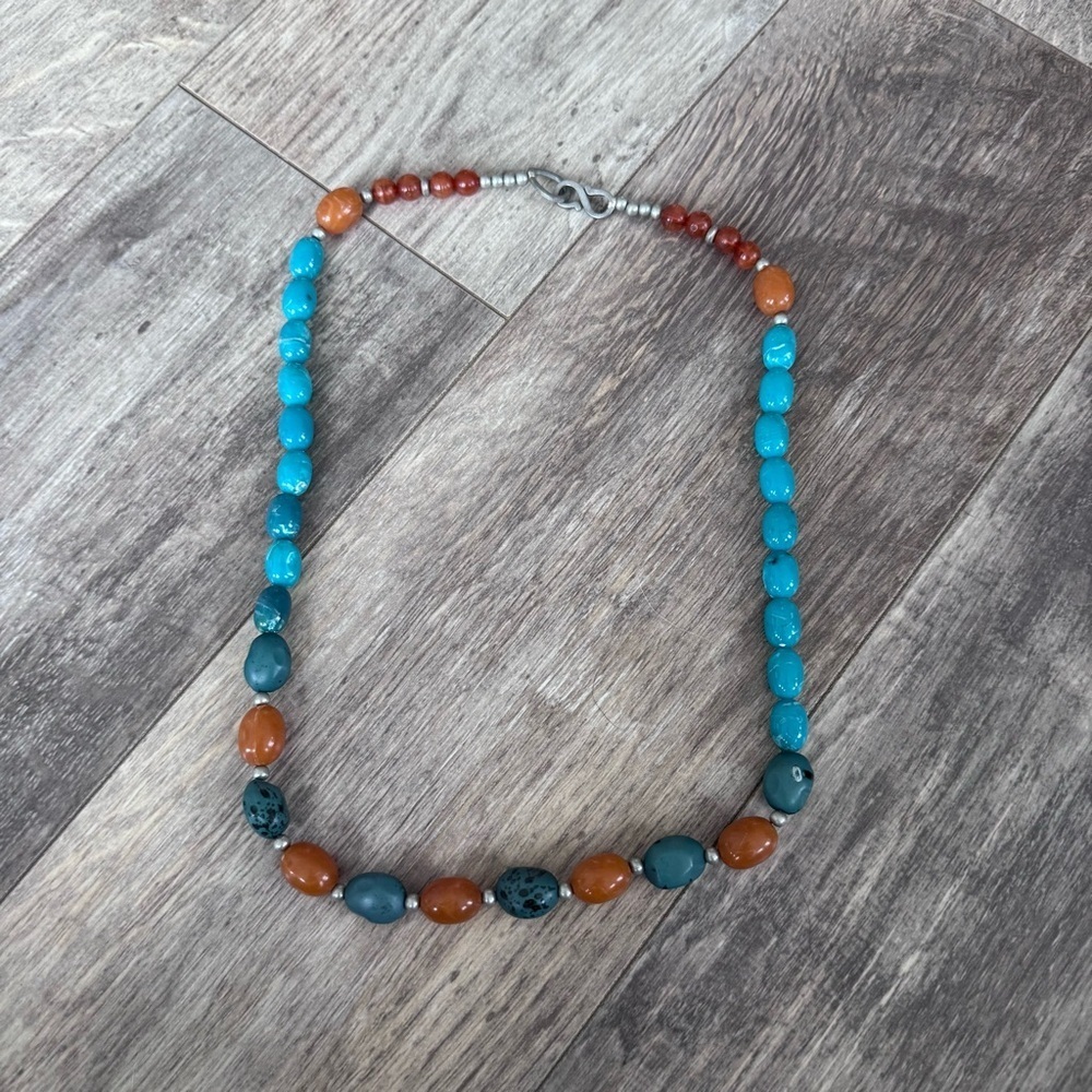 Turquoise and Amber Beaded Necklace - Fishhook Closure - Picture 4 of 6